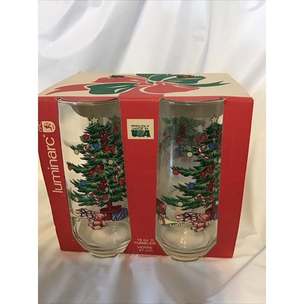 VTG Luminarc Christmas Tree 16 oz Glass Tumblers Set of 4‎ Holiday
